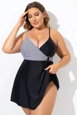 Black And White V-Neck Striped Wrap Swimdress 8 Black And White V-Neck Striped Wrap Swimdress -Bikini By Muse b desd094001 5
