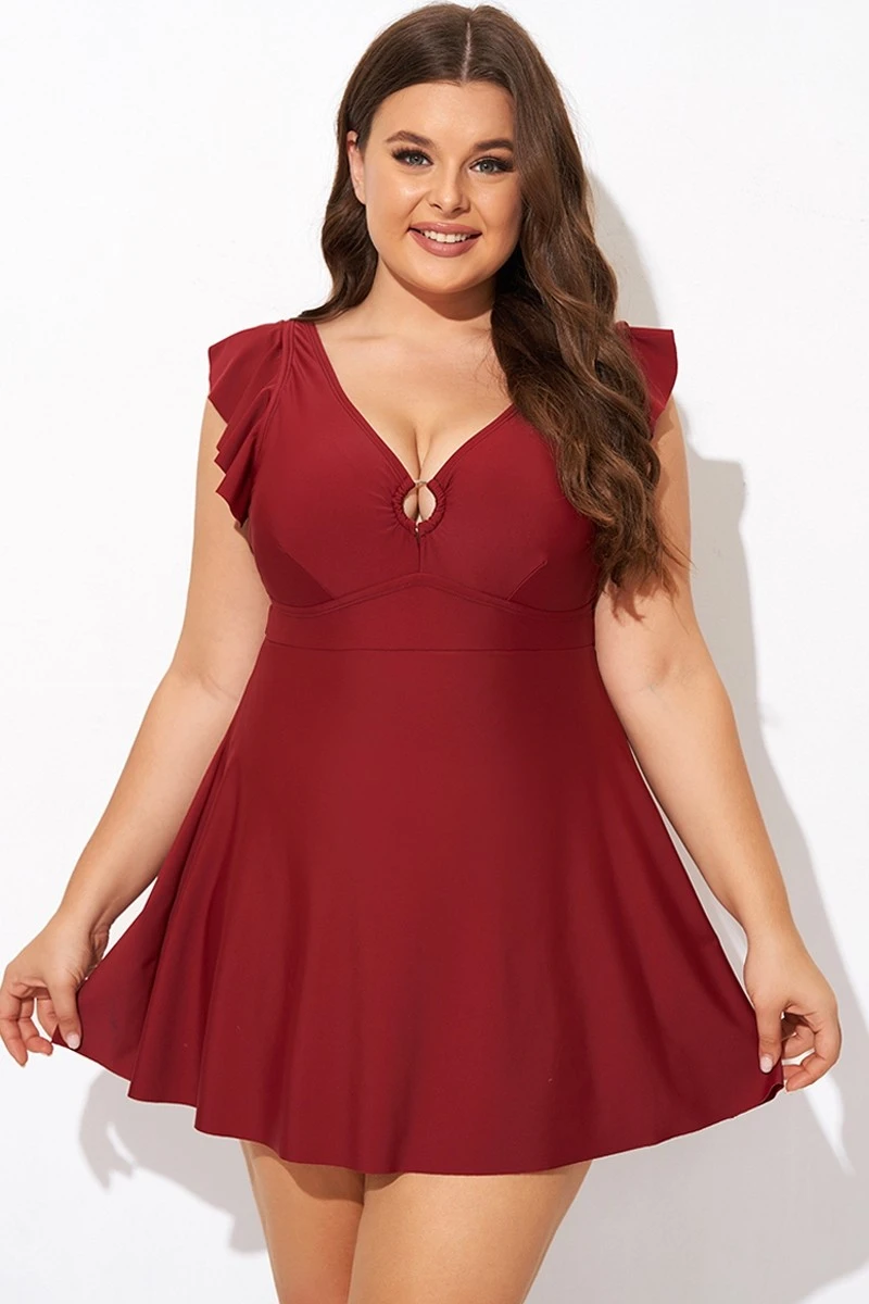 Red V-neckline Frilled Cap Sleeves Swimdress 1 Red V-neckline Frilled Cap Sleeves Swimdress