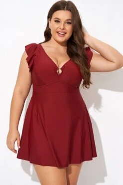 Red V-neckline Frilled Cap Sleeves Swimdress 11 Red V-neckline Frilled Cap Sleeves Swimdress -Bikini By Muse b desd111001 4