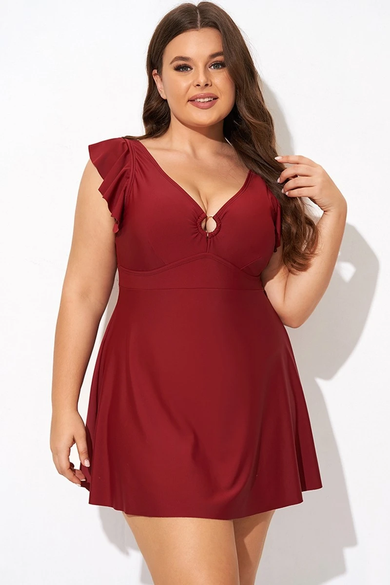 Red V-neckline Frilled Cap Sleeves Swimdress 4 Red V-neckline Frilled Cap Sleeves Swimdress - Image 4