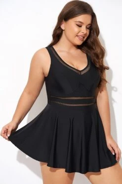 Black V-neck Wide Strap Crochet Detail Swimdress 11 Black V-neck Wide Strap Crochet Detail Swimdress -Bikini By Muse b desd113001 6