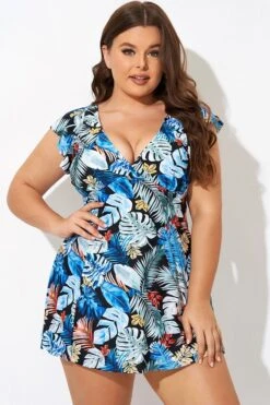 Leaf Print V-neckline Angel Sleeve Swimdress -Bikini By Muse b desd116001 4