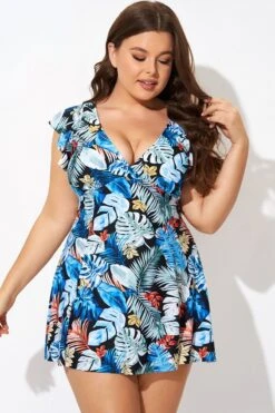 Leaf Print V-neckline Angel Sleeve Swimdress -Bikini By Muse b desd116001 5