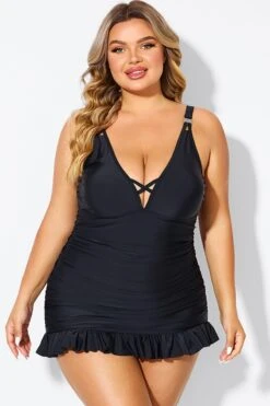 Black V-neck Tummy Control Ruched Swimdress