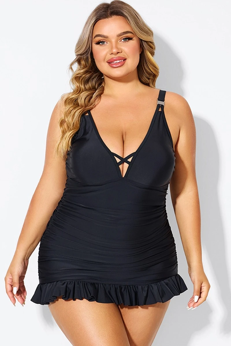 Black V-neck Tummy Control Ruched Swimdress 1 Black V-neck Tummy Control Ruched Swimdress