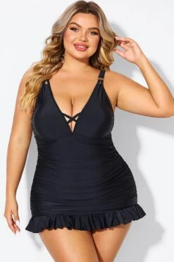 Black V-neck Tummy Control Ruched Swimdress 8 Black V-neck Tummy Control Ruched Swimdress -Bikini By Muse b desd117001 3