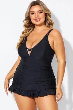 Black V-neck Tummy Control Ruched Swimdress 9 Black V-neck Tummy Control Ruched Swimdress -Bikini By Muse b desd117001 4