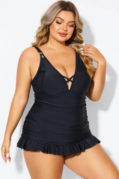 Black V-neck Tummy Control Ruched Swimdress 10 Black V-neck Tummy Control Ruched Swimdress -Bikini By Muse b desd117001 5