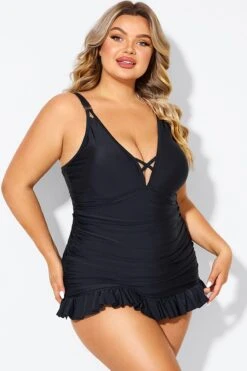 Black V-neck Tummy Control Ruched Swimdress 11 Black V-neck Tummy Control Ruched Swimdress -Bikini By Muse b desd117001 6