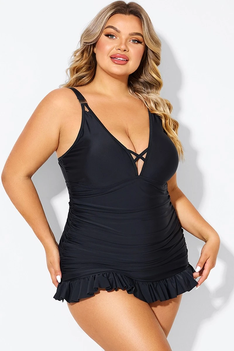 Black V-neck Tummy Control Ruched Swimdress 6 Black V-neck Tummy Control Ruched Swimdress - Image 6