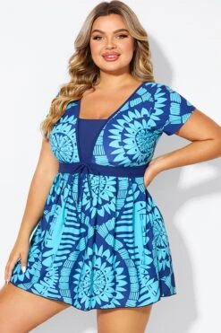 Tribal Print Cyan Short Sleeve Women Swimdress