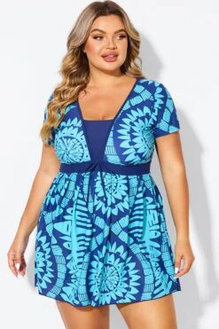 Tribal Print Cyan Short Sleeve Women Swimdress -Bikini By Muse b desd118001 3