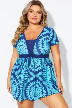 Tribal Print Cyan Short Sleeve Women Swimdress -Bikini By Muse b desd118001 4
