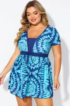 Tribal Print Cyan Short Sleeve Women Swimdress -Bikini By Muse b desd118001 5