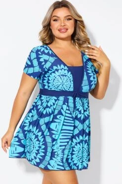 Tribal Print Cyan Short Sleeve Women Swimdress -Bikini By Muse b desd118001 6