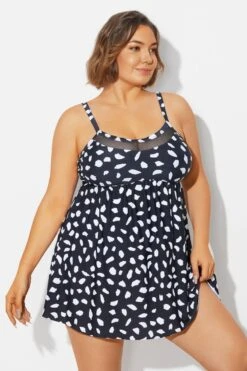 White Polka Dots Print Mesh Panel Swimdress -Bikini By Muse b desd120001 4