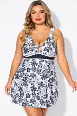 Black Floral Print Cut Out Plus Size Swimdress 8 Black Floral Print Cut Out Plus Size Swimdress -Bikini By Muse b desd121001 3
