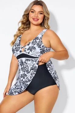 Black Floral Print Cut Out Plus Size Swimdress 10 Black Floral Print Cut Out Plus Size Swimdress -Bikini By Muse b desd121001 5