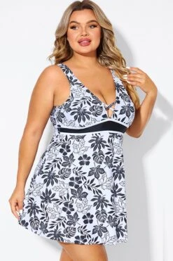 Black Floral Print Cut Out Plus Size Swimdress 11 Black Floral Print Cut Out Plus Size Swimdress -Bikini By Muse b desd121001 6