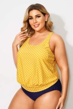 Yellow Dots Racerback Tummy Control Tankini Top -Bikini By Muse b detan003003 3