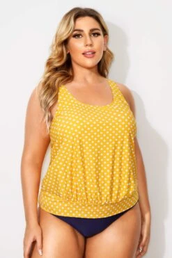 Yellow Dots Racerback Tummy Control Tankini Top -Bikini By Muse b detan003003 4