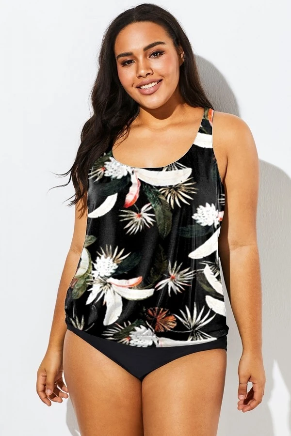 Flower Printed Round Neck Women Tankini Top 1 Flower Printed Round Neck Women Tankini Top
