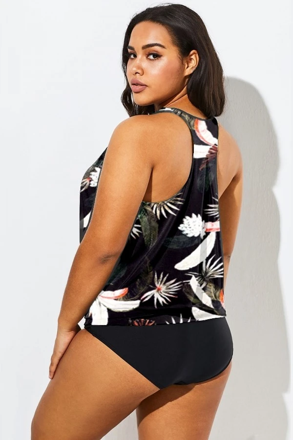 Flower Printed Round Neck Women Tankini Top 4 Flower Printed Round Neck Women Tankini Top - Image 4