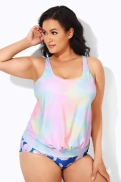 Rainbow Stylish Scoopneck Blouson Tankini Top -Bikini By Muse b detan003007 4