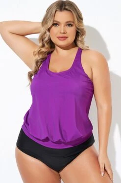 Purple Scoopneck Control Blouson Women Tankini Top -Bikini By Muse b detan003010 5