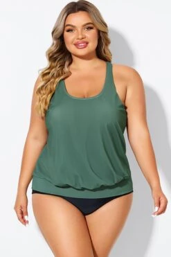 Army Green Racerback Tummy Control Blouson Tankini Top -Bikini By Muse b detan003011 3