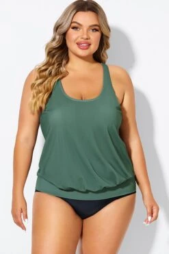 Army Green Racerback Tummy Control Blouson Tankini Top -Bikini By Muse b detan003011 4