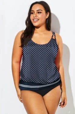 Navy Polka Dots Side Tie Blouson Tankini Top