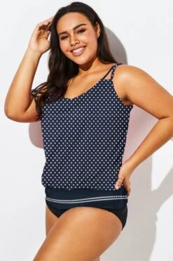 Navy Polka Dots Side Tie Blouson Tankini Top -Bikini By Muse b detan010004 44