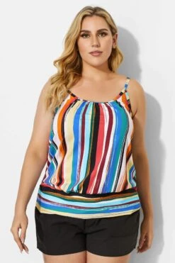 Fashionable Technicolor Draped Blouson Tankini Top -Bikini By Muse b detan011001t 1