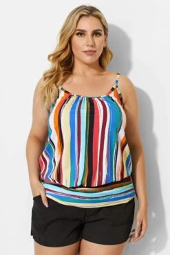 Fashionable Technicolor Draped Blouson Tankini Top -Bikini By Muse b detan011001t 3