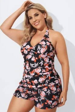 Floral Printed Self-tie Halter Shirred Tankini Set -Bikini By Muse b detan027003 4