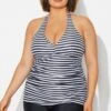 Plus Size Striped V-Neck Halterneck Shirred Tankini Top