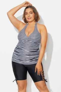 Plus Size Striped V-Neck Halterneck Shirred Tankini Top -Bikini By Muse b detan027009 3
