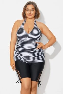 Plus Size Striped V-Neck Halterneck Shirred Tankini Top -Bikini By Muse b detan027009 4