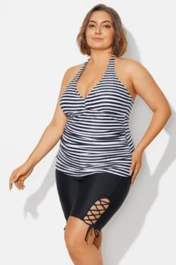 Plus Size Striped V-Neck Halterneck Shirred Tankini Top -Bikini By Muse b detan027009 5