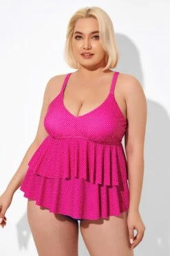 Pink V-neck Tankini Top With Ruffled Hem -Bikini By Muse b detan122001 5
