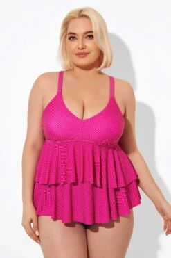Pink V-neck Tankini Top With Ruffled Hem -Bikini By Muse b detan122001 6