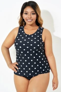 Black Fashionable Polka Dot Coverage Tankini Top -Bikini By Muse b detan125001 5