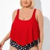 Red Ruched Flounce U-neck Blouson Tankini Top