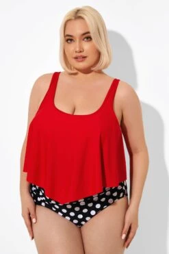 Red Ruched Flounce U-neck Blouson Tankini Top -Bikini By Muse b detan129001 4