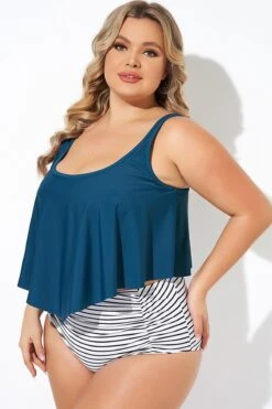 Blue Scoopneck Ruched Flounce Blouson Tankini Top -Bikini By Muse b detan129002 4
