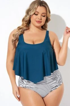 Blue Scoopneck Ruched Flounce Blouson Tankini Top -Bikini By Muse b detan129002 5