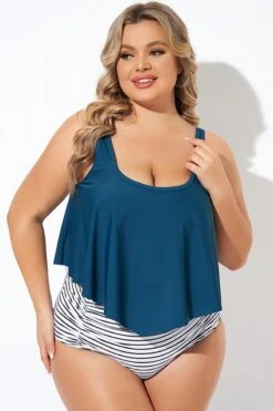 Blue Scoopneck Ruched Flounce Blouson Tankini Top -Bikini By Muse b detan129002 6