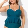 Green Ruched Hem Sweetheart Neckline Underwire Tankini Top