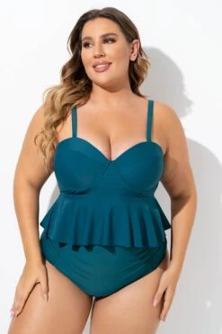 Green Ruched Hem Sweetheart Neckline Underwire Tankini Top -Bikini By Muse b detan131001 5